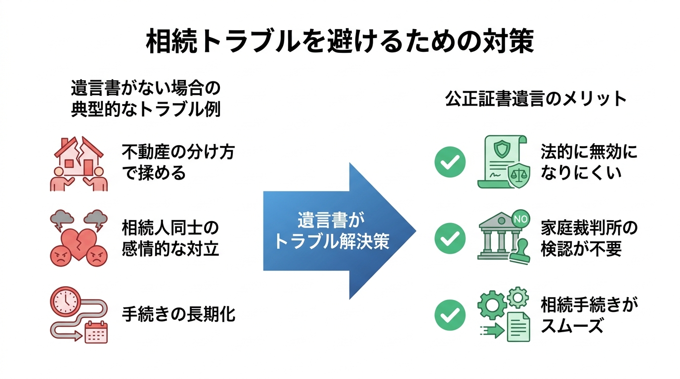 遺言書がない場合の相続トラブルと公正証書遺言のメリットを比較した図解