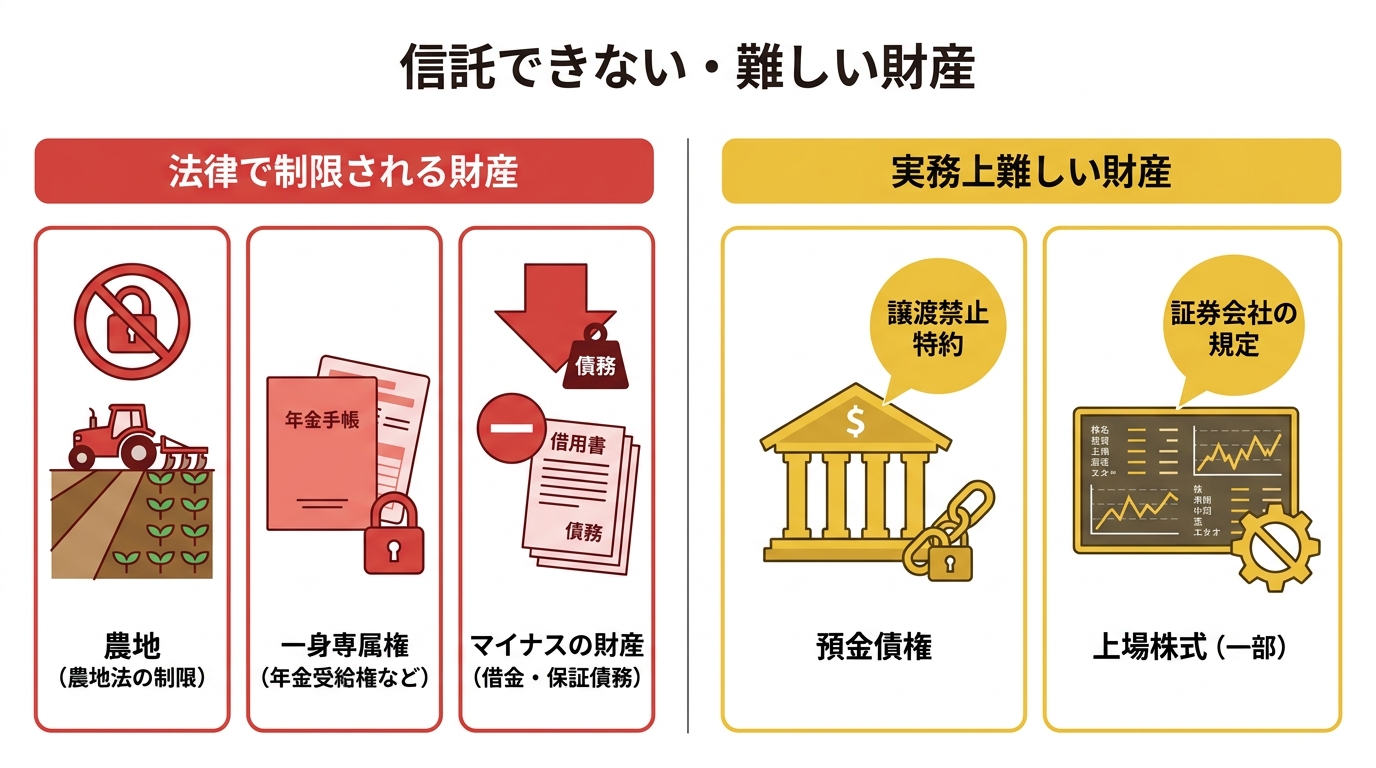 信託できない、または難しい財産とその理由を解説する図解。左側に「法律で制限される財産」として農地、一身専属権、マイナスの財産が、右側に「実務上難しい財産」として預金債権と上場株式が示されている。