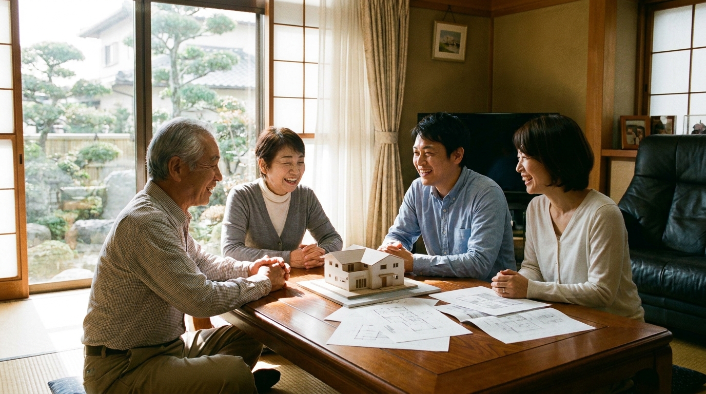 リビングで笑顔で話し合う二世代の家族。テーブルの上の家の模型が、実家の将来について相談している様子を象徴している。