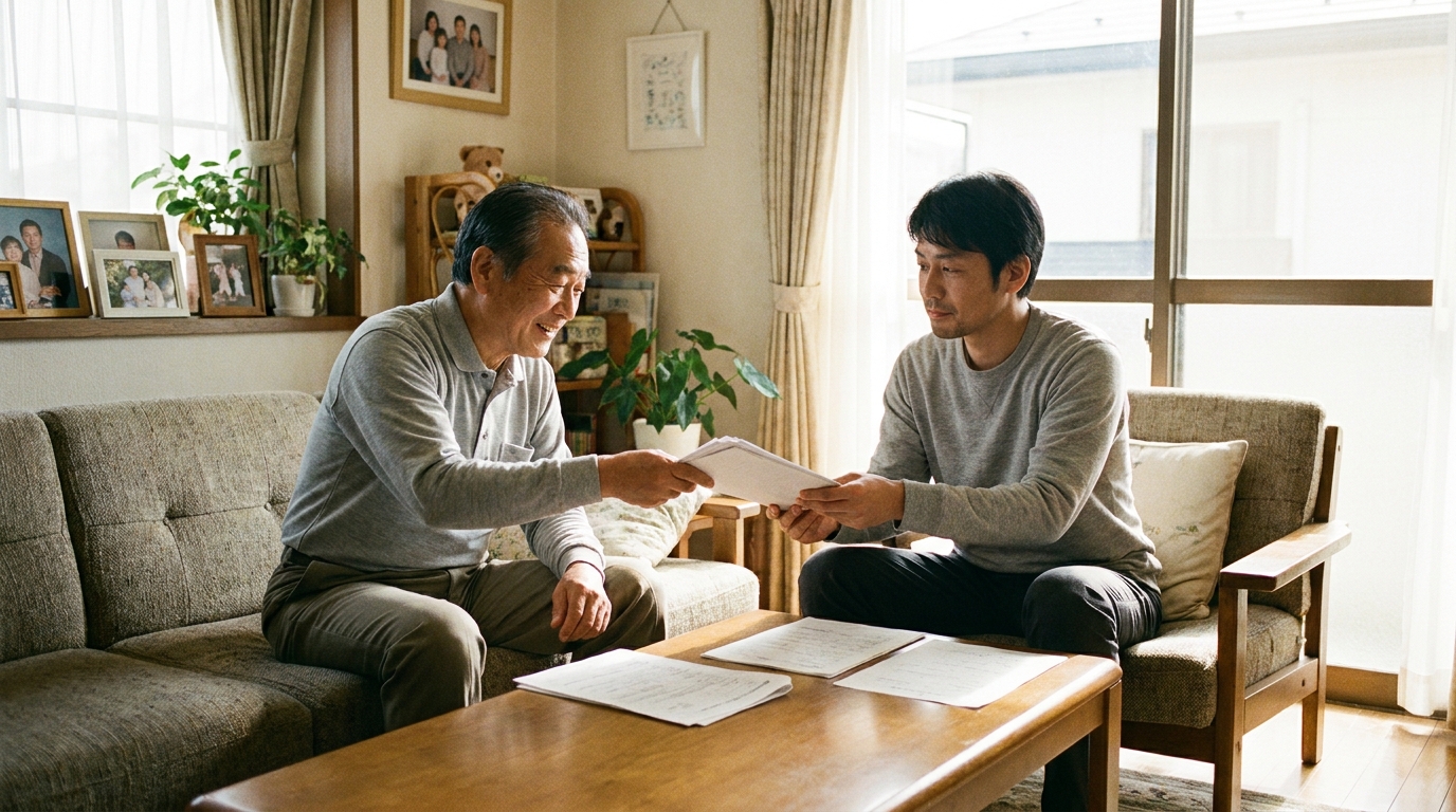 認知症対策として自益信託を検討する父と子のイメージ。リビングで安心した表情の父親が息子に将来のことを託している。