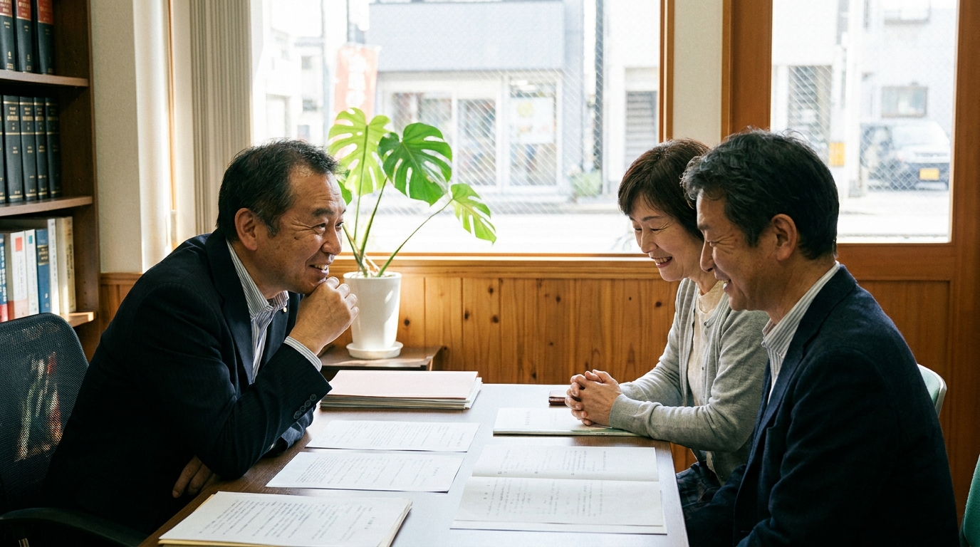 司法書士と相談する夫婦。生前対策について専門家からアドバイスを受けている様子。