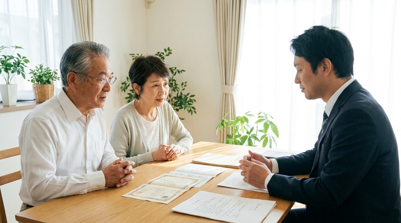 司法書士と相談する老夫婦。テーブルに書類を広げ、真剣な表情で将来の財産管理について話し合っている。