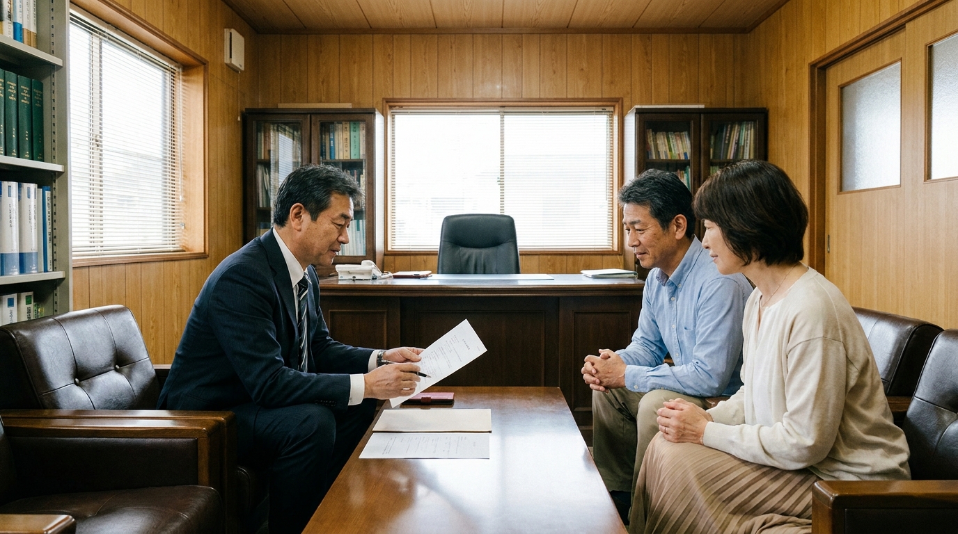 司法書士が夫婦に信託登記に関する書類を説明している相談風景。専門家への相談の重要性を示唆している。