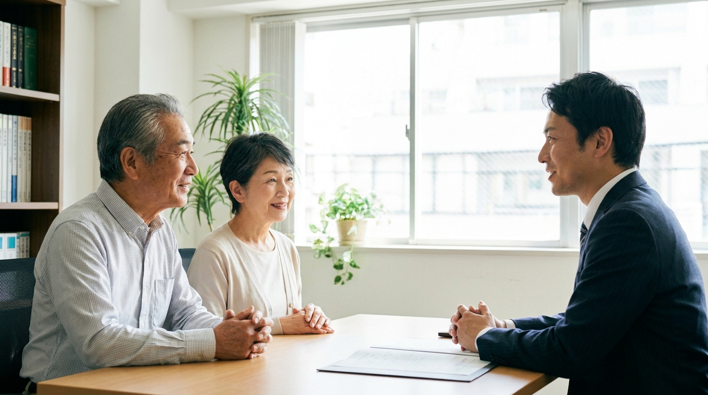 司法書士に相談し、安心した表情を浮かべる老夫婦。家族信託の費用に関する不安が解消された様子。