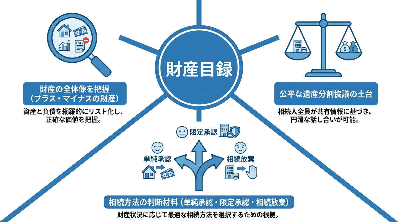 財産目録の3つの重要な役割を示した図解。財産の可視化、相続トラブルの防止、相続方法の決定という3つのポイントがアイコン付きで解説されている。