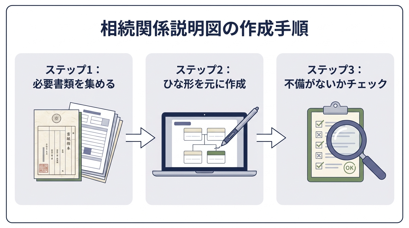 相続関係説明図を作成するための3つのステップを示した図解。ステップ1は必要書類の収集、ステップ2はひな形を使った作成、ステップ3は不備のチェック。