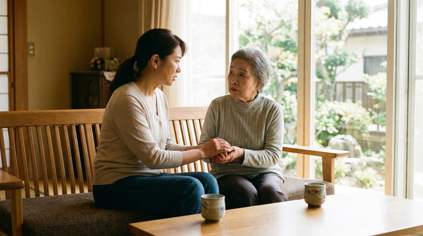 リビングで高齢の母親に優しく寄り添い、将来のことを相談している娘の様子。