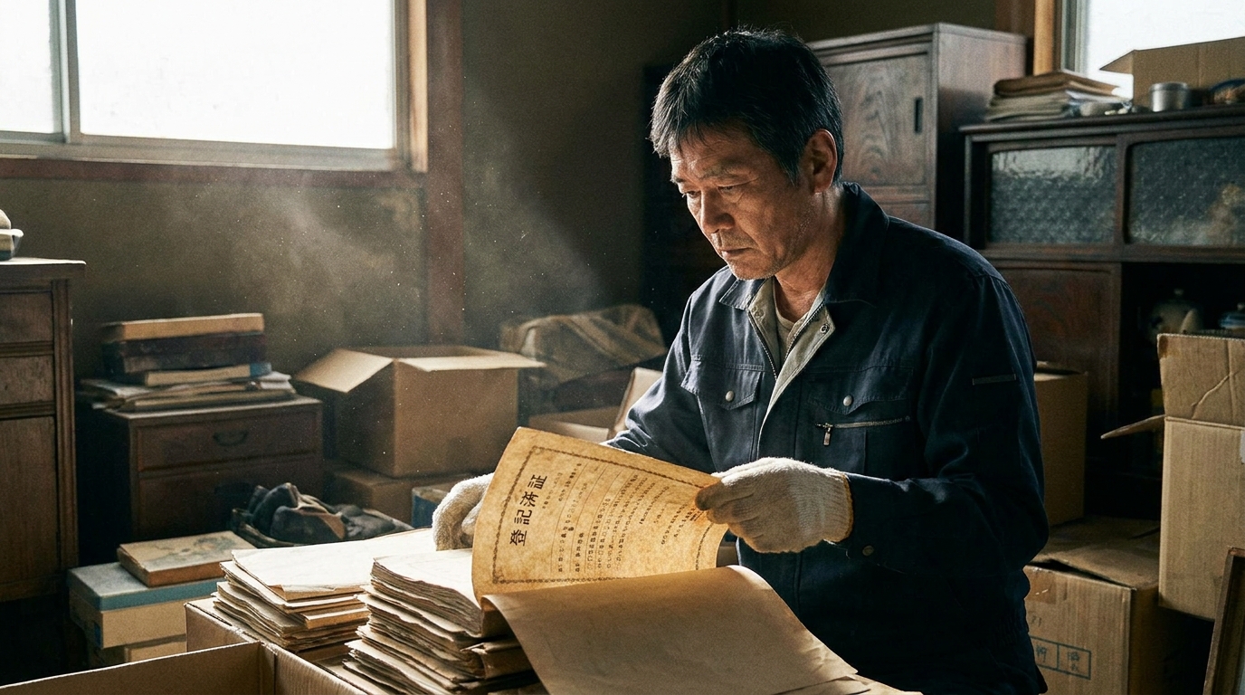 亡くなった親の遺品である古い書類の中から権利証を見つけ確認している様子