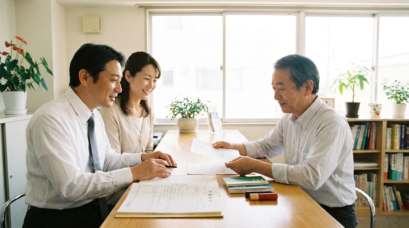 司法書士事務所で相続手続きの必要書類について相談している女性。カウンターには戸籍謄本や通帳が並んでいる。