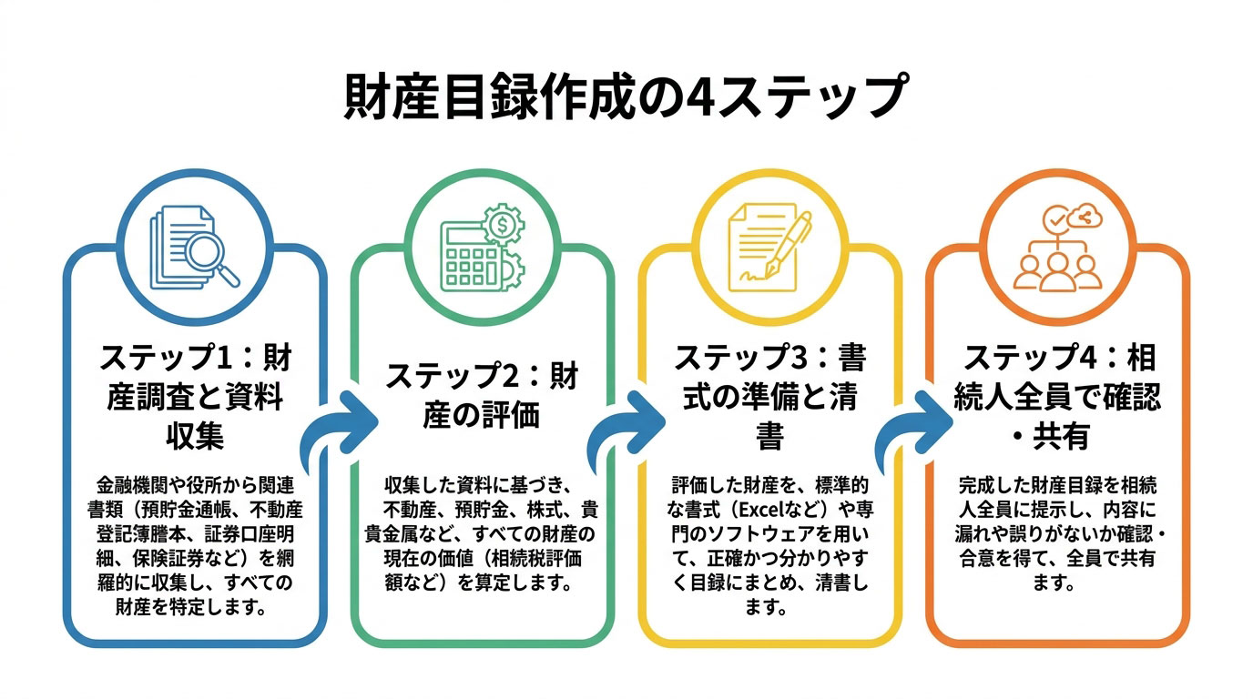 財産目録の作成手順を4つのステップで示したフローチャート。財産調査、財産評価、清書、相続人での共有という流れが分かりやすく図示されている。