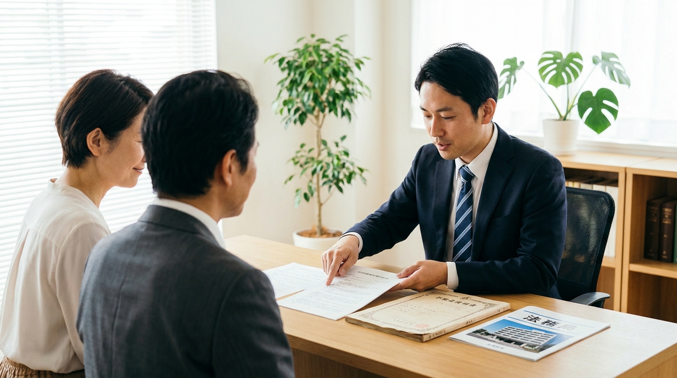 司法書士が信託終了後の不動産名義変更手続きについて相談者に説明している様子。机の上には権利証と法務局のパンフレットが置かれている。