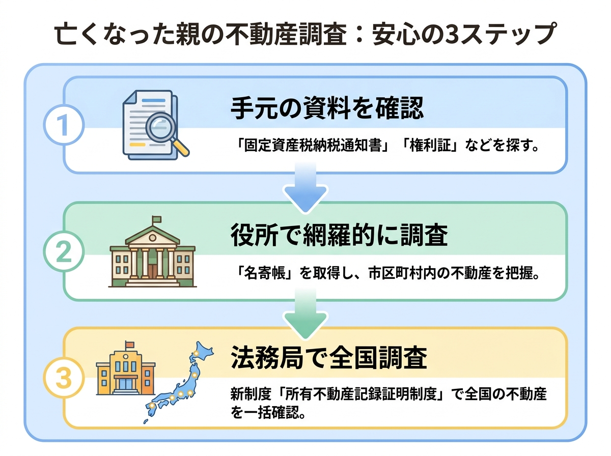 亡くなった親の不動産調査の3ステップを示した図解。ステップ1は手元の資料確認、ステップ2は役所での名寄帳取得、ステップ3は法務局での全国調査。