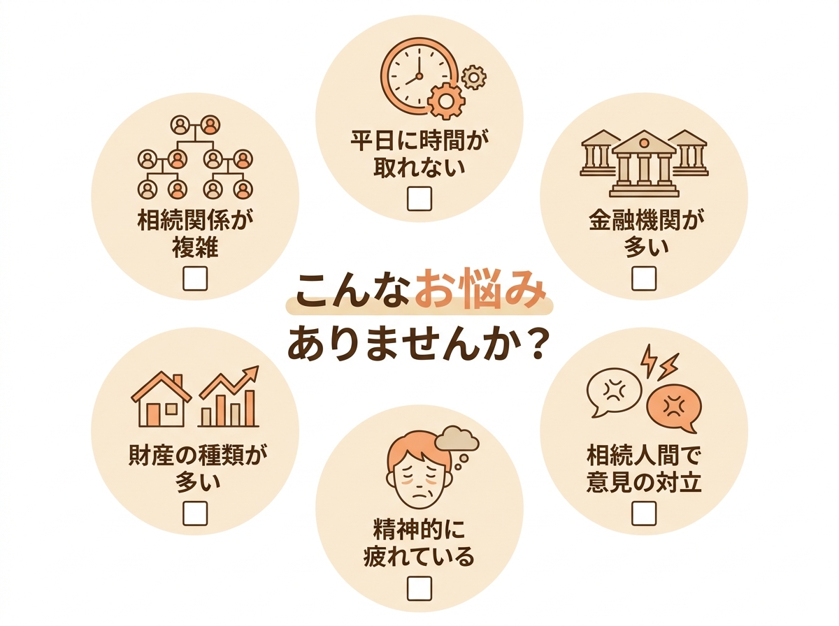 司法書士への相続相談をおすすめするケースの自己診断チェックリスト。時間が取れない、金融機関が多い、相続人間で対立があるなどの項目が挙げられている。