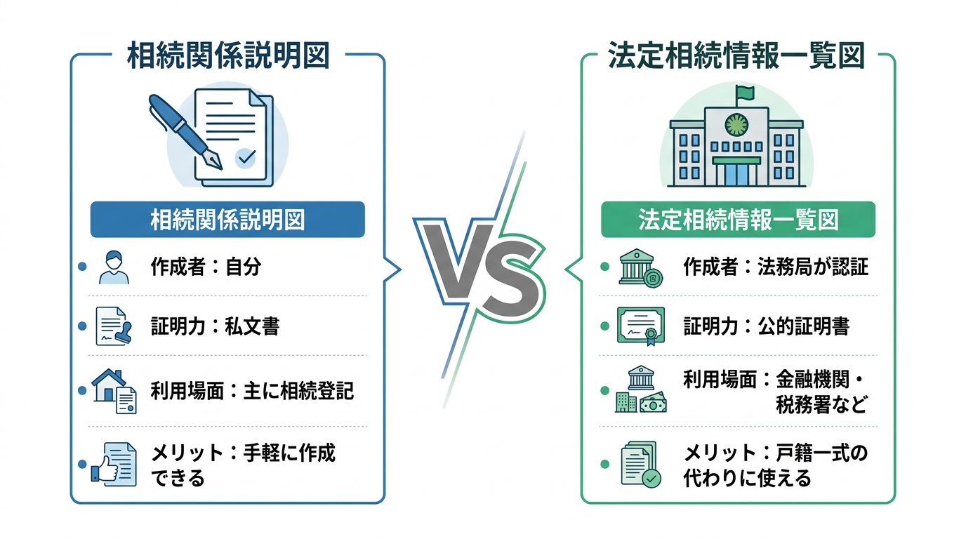 相続関係説明図と法定相続情報一覧図の違いを比較する図解。作成者、証明力、利用場面、メリットの4項目でそれぞれの特徴を解説。