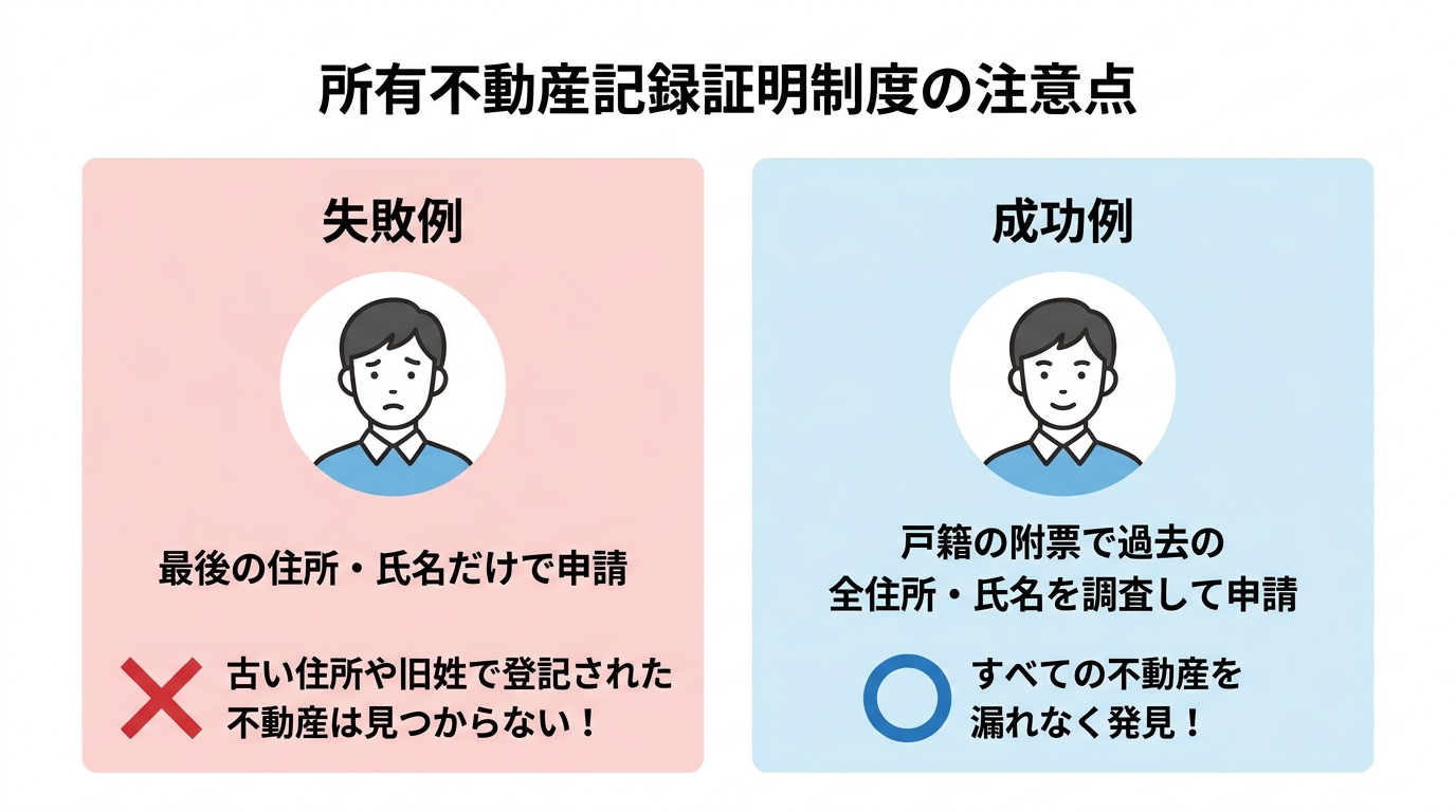 所有不動産記録証明制度の注意点。最後の住所だけで申請すると失敗するが、過去の全住所を調べて申請すると成功するという比較図解。