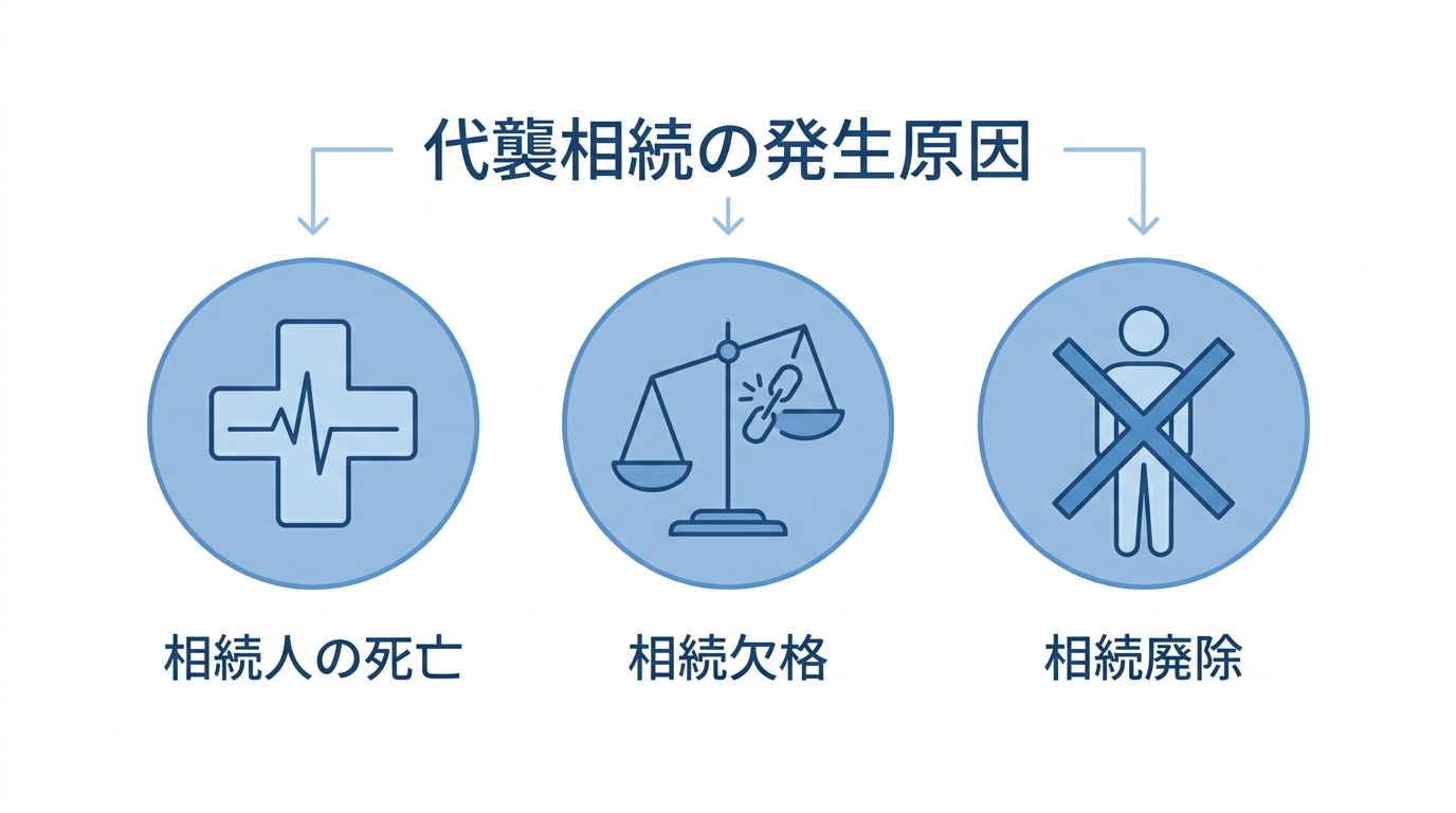 代襲相続が発生する3つの原因「相続人の死亡」「相続欠格」「相続廃除」をアイコン付きで解説した図解。