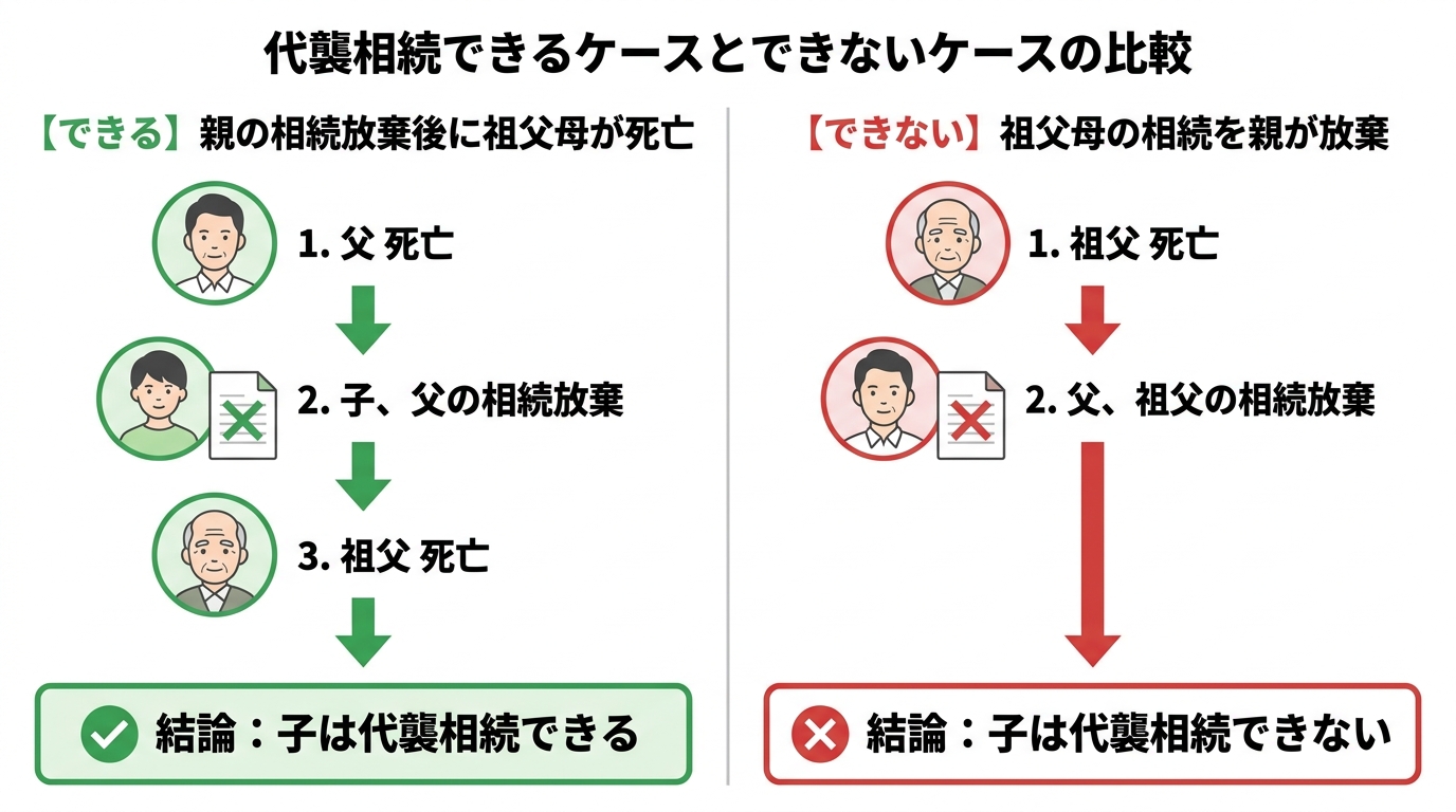 代襲相続できるケースとできないケースの比較図解。親の相続放棄後に祖父母が亡くなった場合は代襲相続できるが、祖父母の相続を親が放棄した場合は代襲相続できない違いを示している。