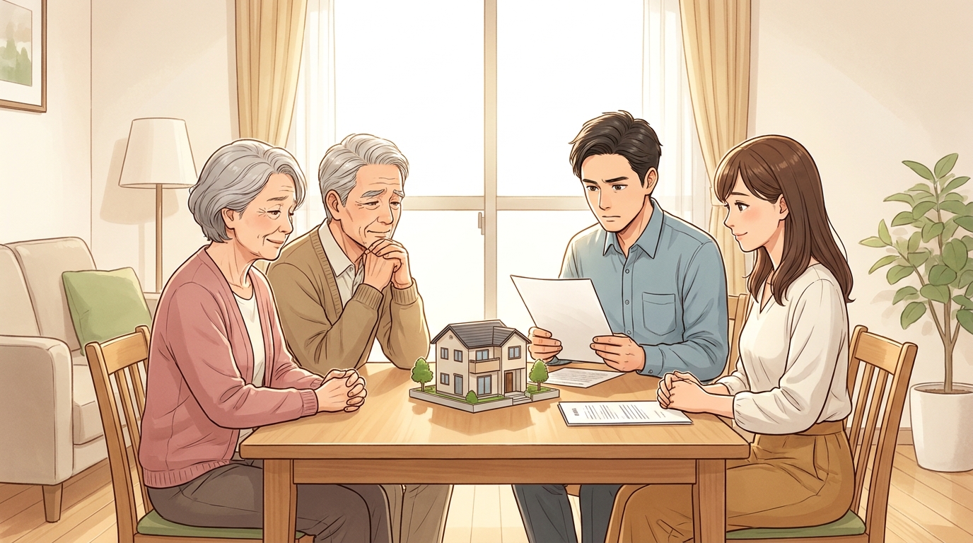 家族信託の受託者について話し合う家族。リビングで両親と成人した子供たちがテーブルを囲み、真剣な表情で将来のことを相談している。