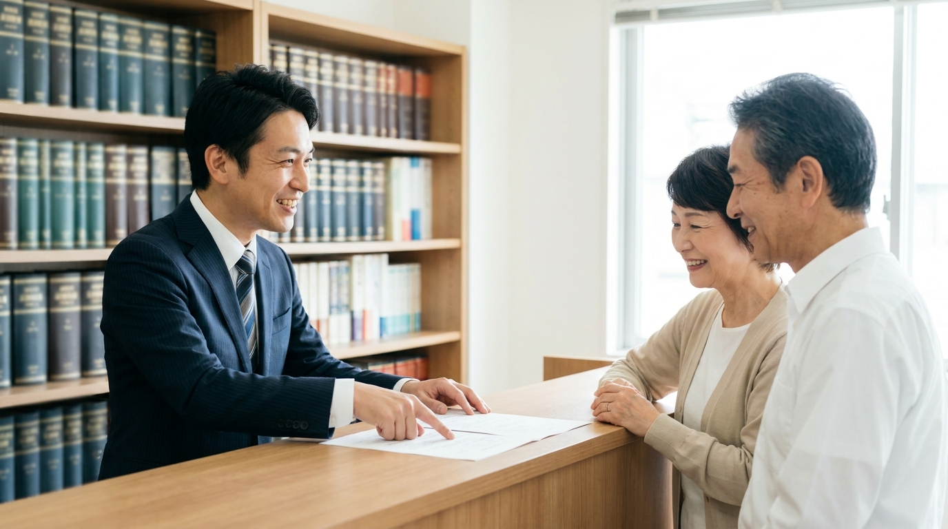 司法書士事務所で、司法書士から家族信託について説明を受け、安心した表情を浮かべる老夫婦。