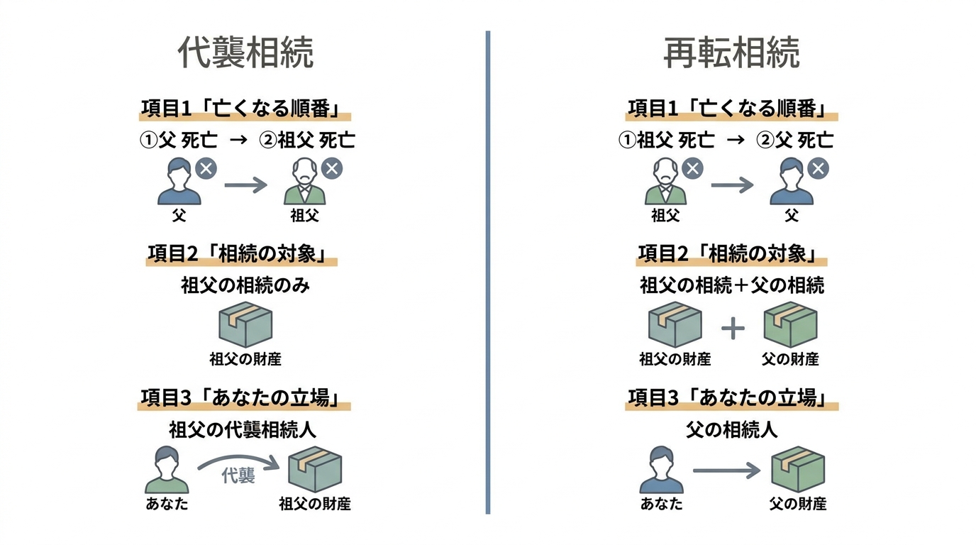 代襲相続と再転相続の違いを比較する図解。「亡くなる順番」「相続の対象」「相続人の立場」の3つのポイントで両者の違いを明確に示している。